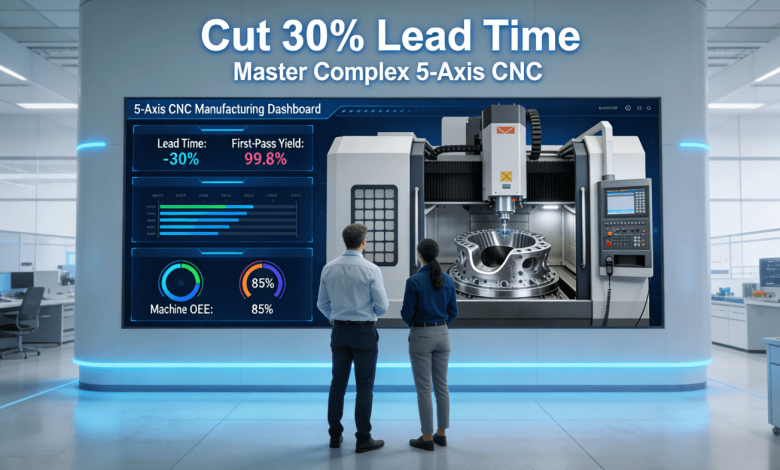 Project and engineering leaders in a smart factory control room analyze a dashboard showing 30% lead time reduction and high first-pass yield, with a live feed of a 5-axis CNC machine machining a complex aerospace component.